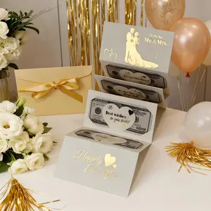 FuRise Folding Wedding Cash Holder Red Envelope – Gold Foil Blessing Money Card, Creative Gift Envelope for Wedding, Birthday, or Celebration, Elegant Paper Money Clip, White Gold Design