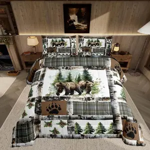 Rustic Bear Bedding Set Hunting Theme Comforter Set for Kids Boys Girls Bear Paw Print Comforter Cabin Decor Quilt Set with Bedding
