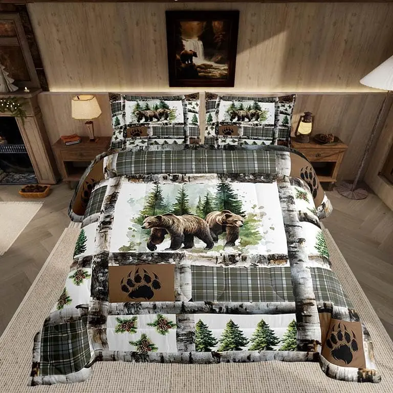 Feelyou Rustic Bear Hunting Animals Bedding Set - Breathable, Machine Washable, Multi-Size Comforter with Bear Paw Graphic Detail, Cabin Decor for Kids, Character-Based Forest-Themed Graphic Detail Duvets & Sets, Dorm Room Plush Bedding Core Pieces