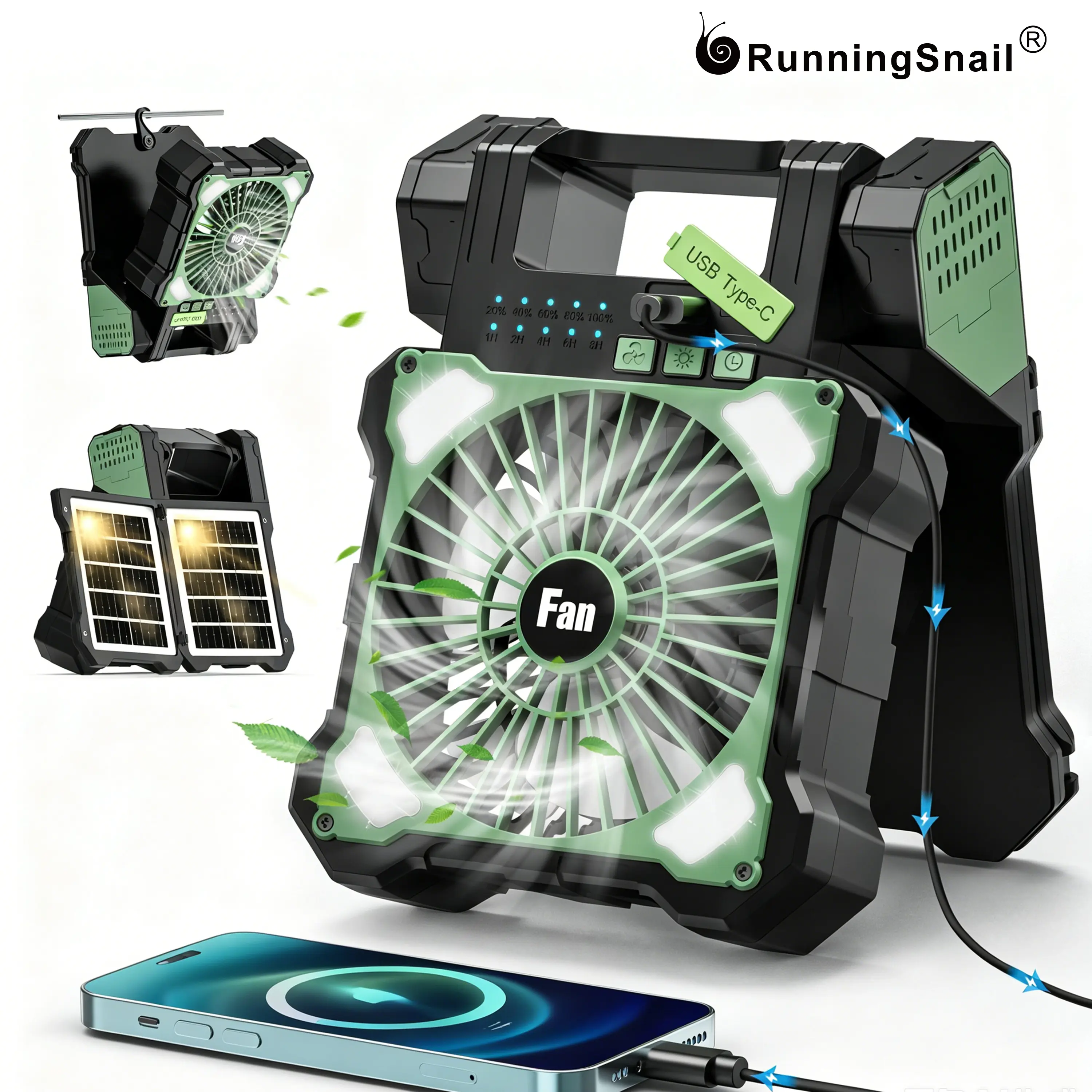Solar Powered Camping Fan for Tent Rechargeable Battery Operated Tent Fan with LED Light, Hanging Hook,Timer, 5 Speed Portable Camping fan for Outdoor Travel Home Beach,car accessories