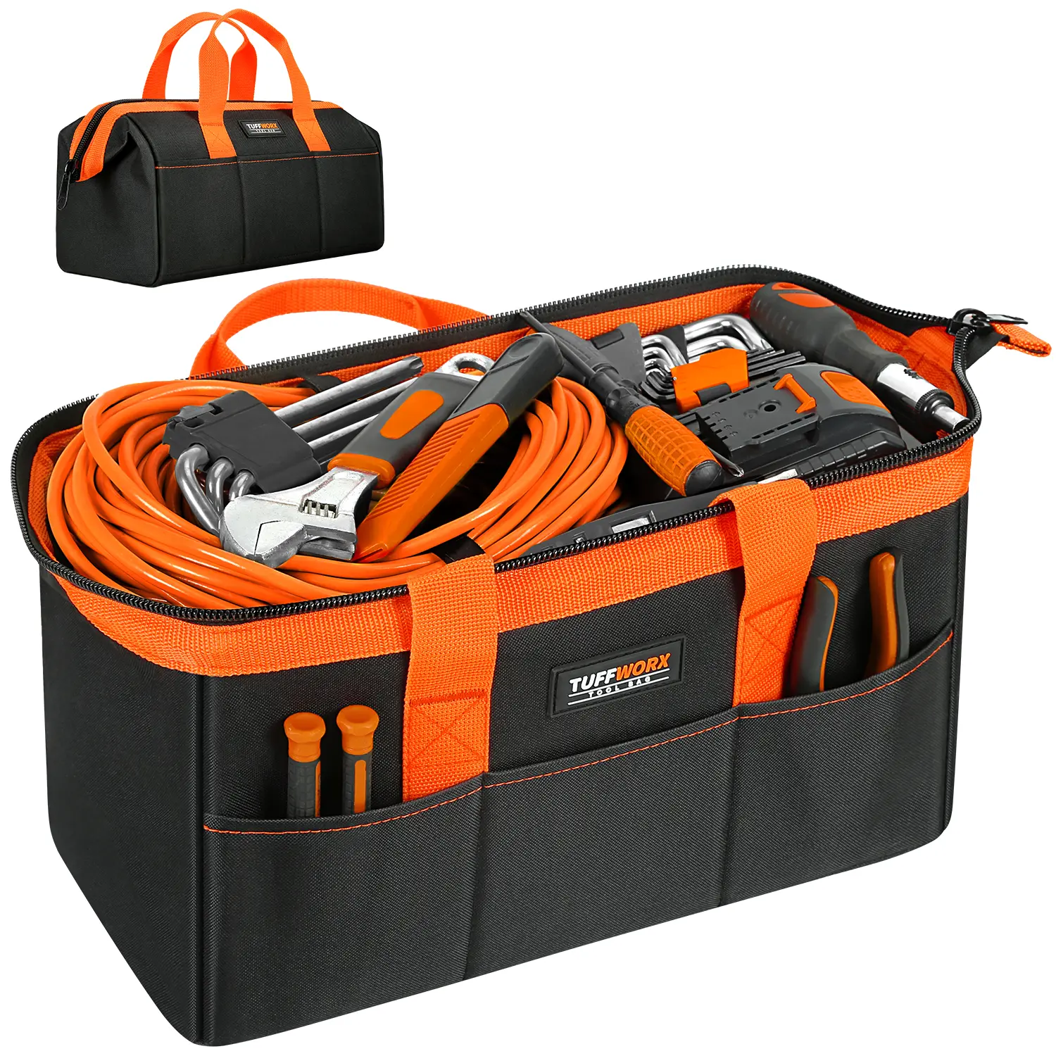 TUFFWORX Tool Bag, Large Tool Organizer Bag with 18 Pockets,15.7x 11.4x 9.8 inch, Heavy Duty 600D Fabric, Black and Orange Portable Tool Bag Tool Storage Kit