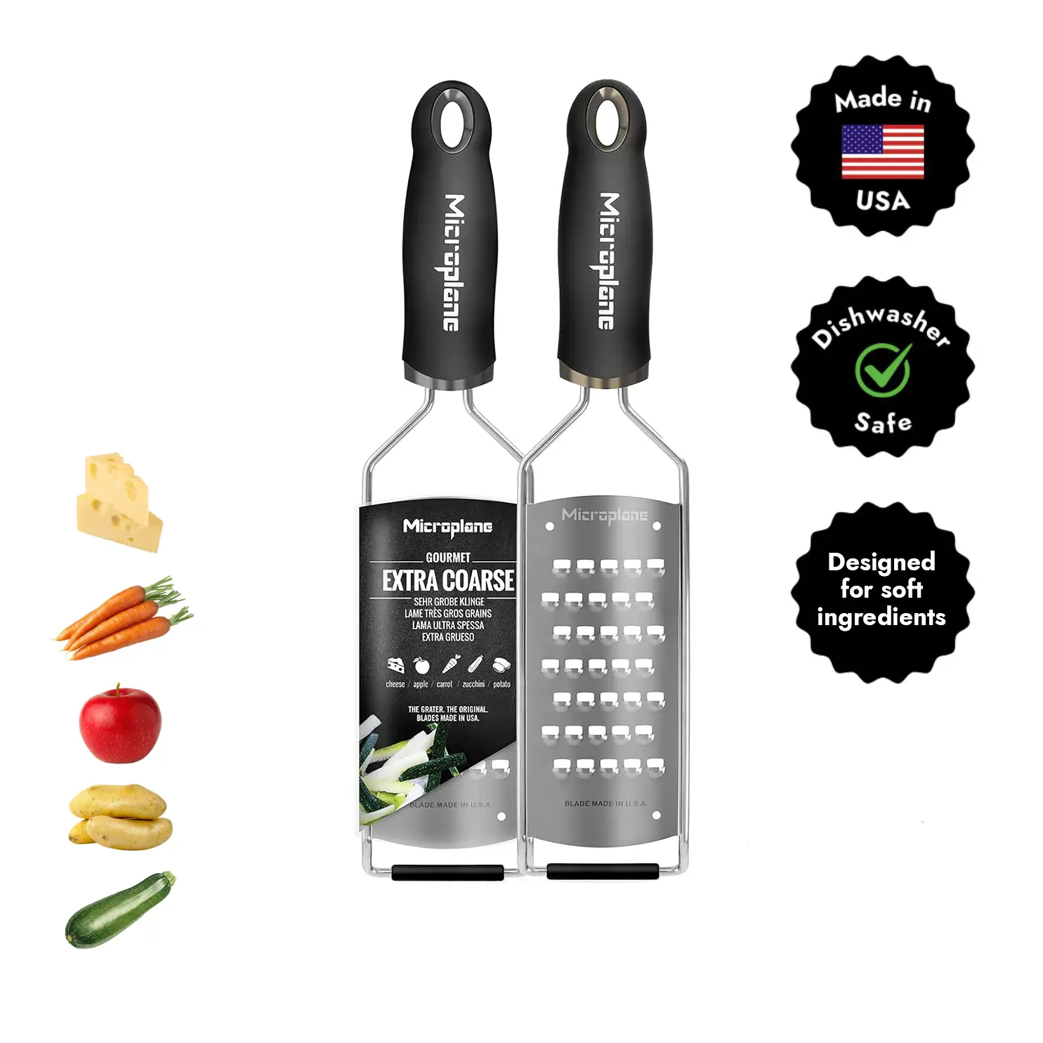 Microplane Gourmet Series Extra Coarse Kitchen Grater – Stainless Steel Blades with Soft Grip Handle for Cheese, Vegetables & Fruits