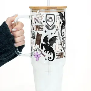War College 40oz Glass & Plastic Tumbler - Aesthetic Fantasy Cup Bamboo Lid & Plastic and Glass Straws, Reusable Iced Coffee Must-Have for Book Lovers Mug Drinkware Water Bottles
