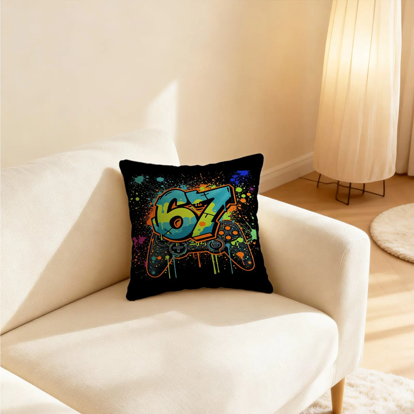 45x45cm 1Pcs Graffiti Game Controller Printed Throw Pillow Machine Washable Trendy Print Waist Back Support Relieve Fatigue Cushion for Gaming Sofa Bed Head With Insert
