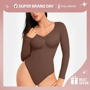 FeelinGirl Womenswear Seamless Long Sleeve Thong Bodysuit for Tummy Control V Neck Going Out Fabric Comfortable Casual Breathable Super Brand Day #Summervibes