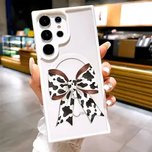 Trendy Cow Print Bow Pattern Clear Magnetic Phone Case , Compatible with MagSafe Silicone Bumper Protective Cover For Samsung S25 S24 S23 S22 Ultra Plus FE