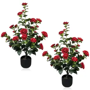2 pcs of artificial camellia tree , 34.65 inch green plant potted plant suitable for indoor, outdoor, courtyard, porch decoration