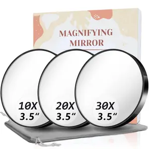 Magnifying Mirror, 10X & 20X & 30X Set, Magnified Mirror 3.5" with Two Suction Cups, Travel Magnifying Mirror Set Comes with Portable Storage Bag, Compact Small Magnifying Mirror for Travel(Black)