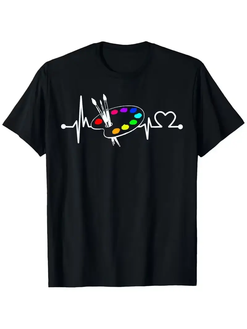 Paint Brush With Palette Heartbeat Funny Artist/ Painter/ Art T-Shirt, fashionable short-sleeved comfortable and versatile summer T-shirts