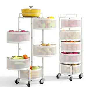 Large White 5-Tier Rotating Fruit & Vegetable Storage Rack Cart with Metal Top Lid, Wire Basket Bowls, Wheels & Tool-Free Installation for Kitchen Home Organization
