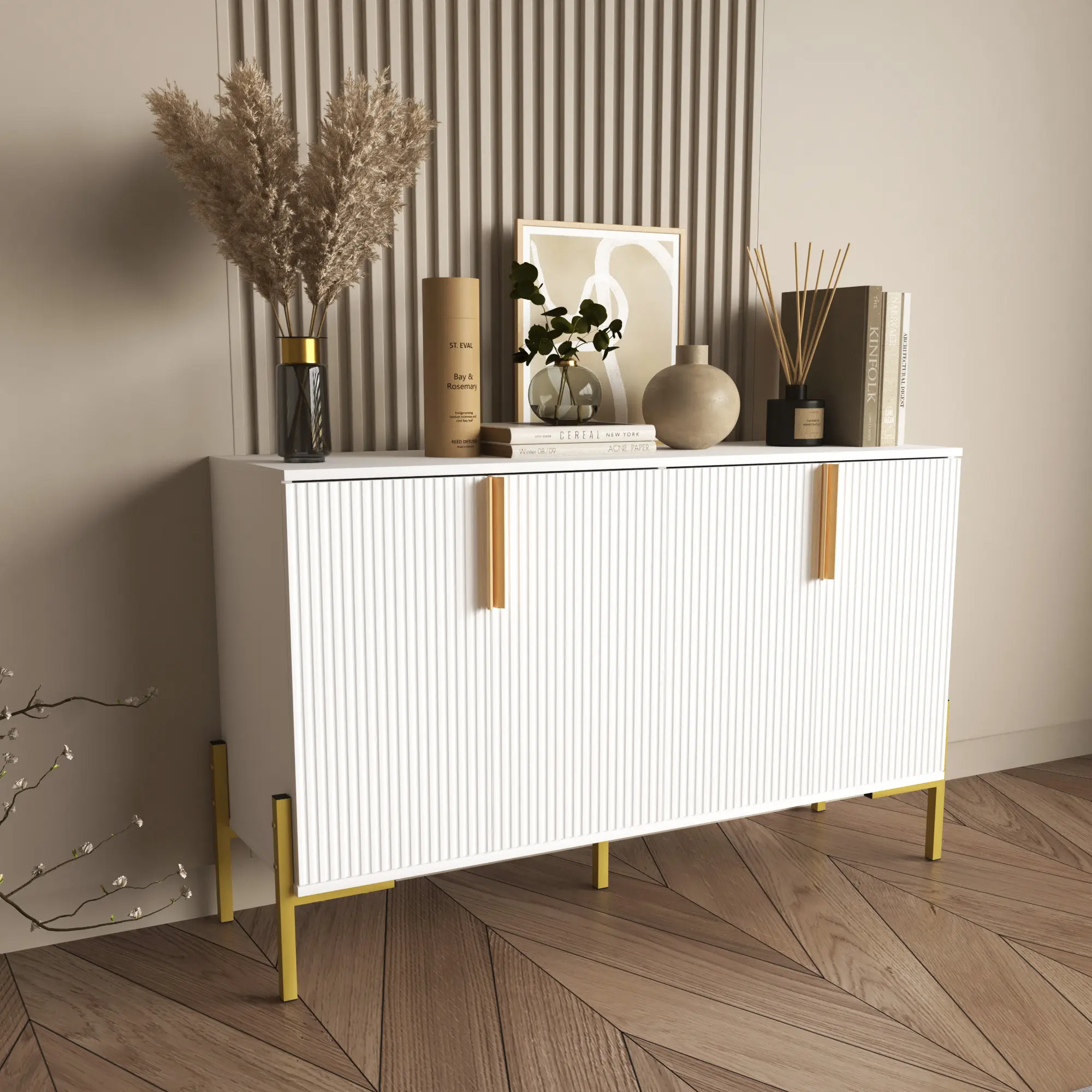Freestanding Farmhouse Fluted-Door Modern Wood Console Storage Cabinet - Dual-Storage Double-Wide Extra-Deep Sideboard, Coffee Bar Station for Kitchen, Living Room Decor Furniture