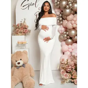 ElegantMaternityRuchedOff-ShoulderMermaidEveningDressForBabyShowerPartyGift
