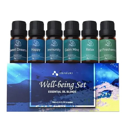 ASAKUKI Premium Aromatherapy Calm Carrier & Essential Oil Set - 6x10ml Therapeutic Amber Blends, Stress Relief for Diffusers, Humidifiers, Massage, Health and Wellness, Mellowsleep Home Support