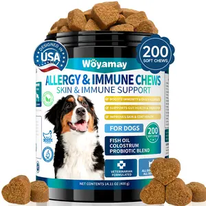 Woyamay Dog Allergy Relief, 200 Chewables Support Itching Skin, Skin & Coat, Immune, Hot Spots, Paw Licking with Omega 3 Fish Oil, High protein, Turmeric & Colostrum Chicken Flavor