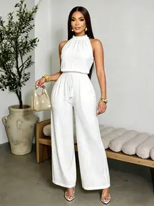 Women's High Waist Belted Jumpsuit Set, Long Sleeve Fitted Casual, Plain Design, Vacation Style, Includes Belt, Pants