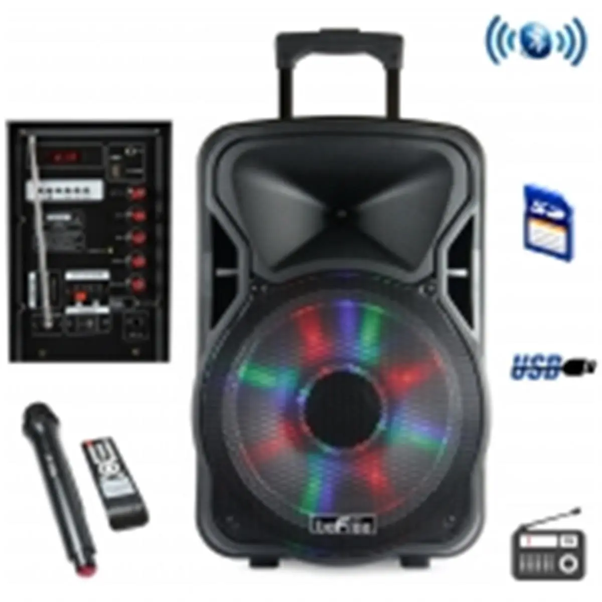 212 MAIN 12in Portable Cordless Bluetooth Rechargeable Karaoke Machine Party Speaker - 50W Built-in Bass Speaker, Metal Build, Illuminating Light, Wireless Mics, USB/Adapter Compatibility, Aux Input, Shuffle, Music Setup, Campfire Use, Bass Speakers