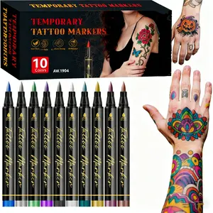 10-Color Temporary Tattoo Markers with Large Tattoo Stencils,  Waterproof, Long-lasting, Washable Body Art Markers for DIY Designs, Suitable for Party, Christmas gifts, Makeup Tool