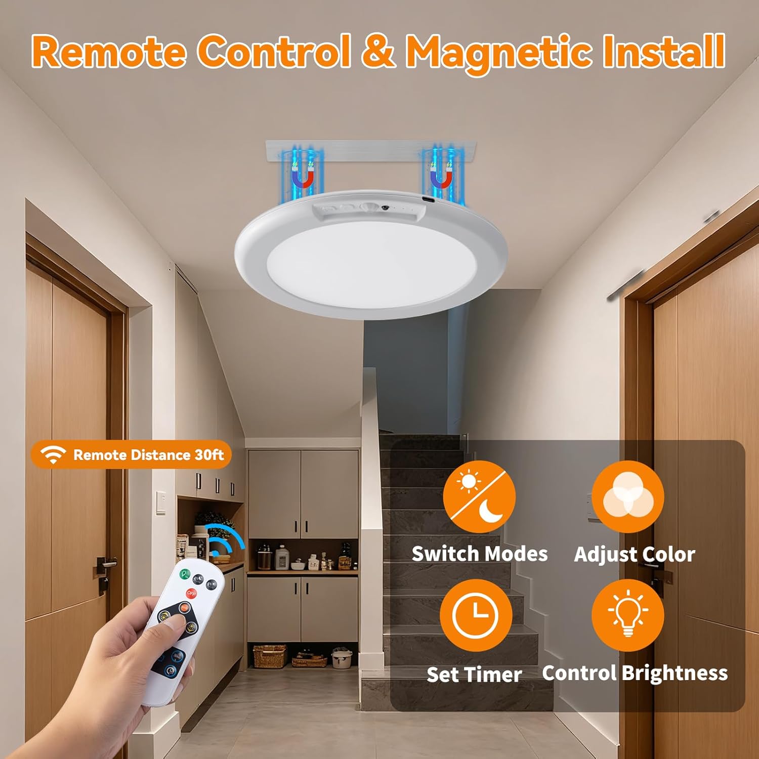 Rechargeable Ceiling Light 2Pack, 3 Color Motion Sensor Lights with Remote, Wireless Closet Light Battery Operated, Magnetic Dimmable LED Lights for Shower Pantry Shed Hallway Porch Garage Stairs lamp