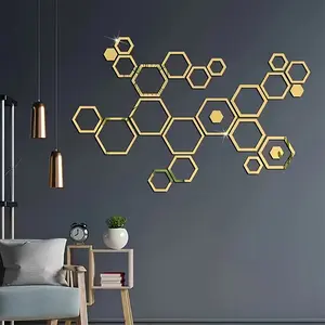 24pcs Hexagon Wall Mirror Stickers - Self-Adhesive Acrylic Decals, Polished Finish, Vertical Orientation, Irregular Shape, Portable, No Electricity Needed for Home & Bedroom Decor, Decorative Wall Mirror