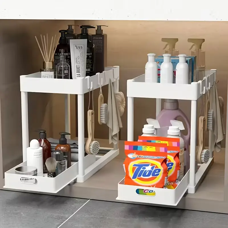 2pcs Sturdy Under Sink Organiser - 2-Tier Sliding Metal Pipe Cabinet Baskets with 8 Hooks, 15x8x12.8", 50 lbs Max Capacity, Anti-Tipping/Anti-Deformation, Easy Detergent Access for Kitchen, Bathroom Storage