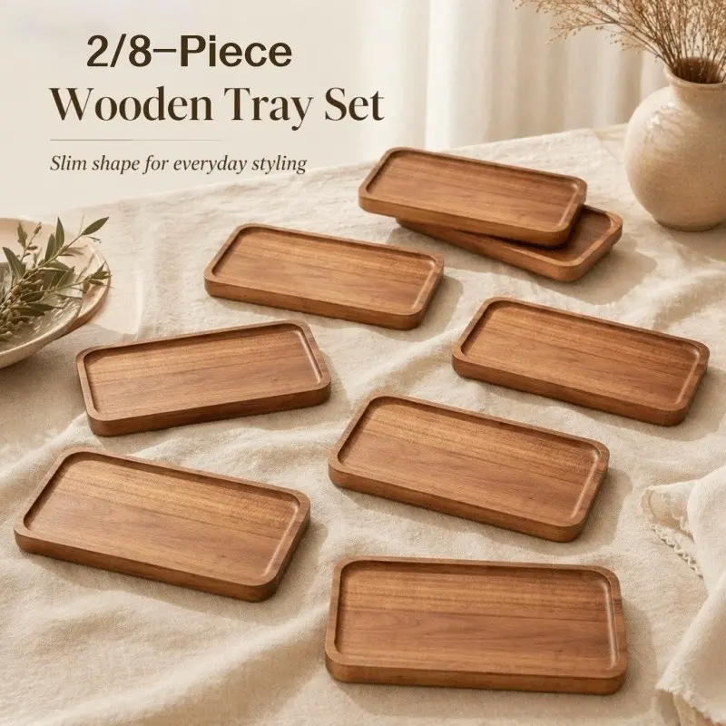 2/8pcs Acacia Wood Tray Set, Rectangular Food Plate, Cheese Platter, Appetizer Dish, Snack Tray, Kitchen Serving Tray, Dessert and Cake Holder, Wooden