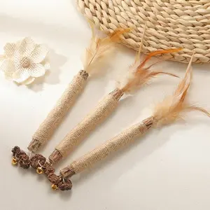 Lovely Caves Feather Silvervine Sticks Cat Chew Toy with Bell, Brown
