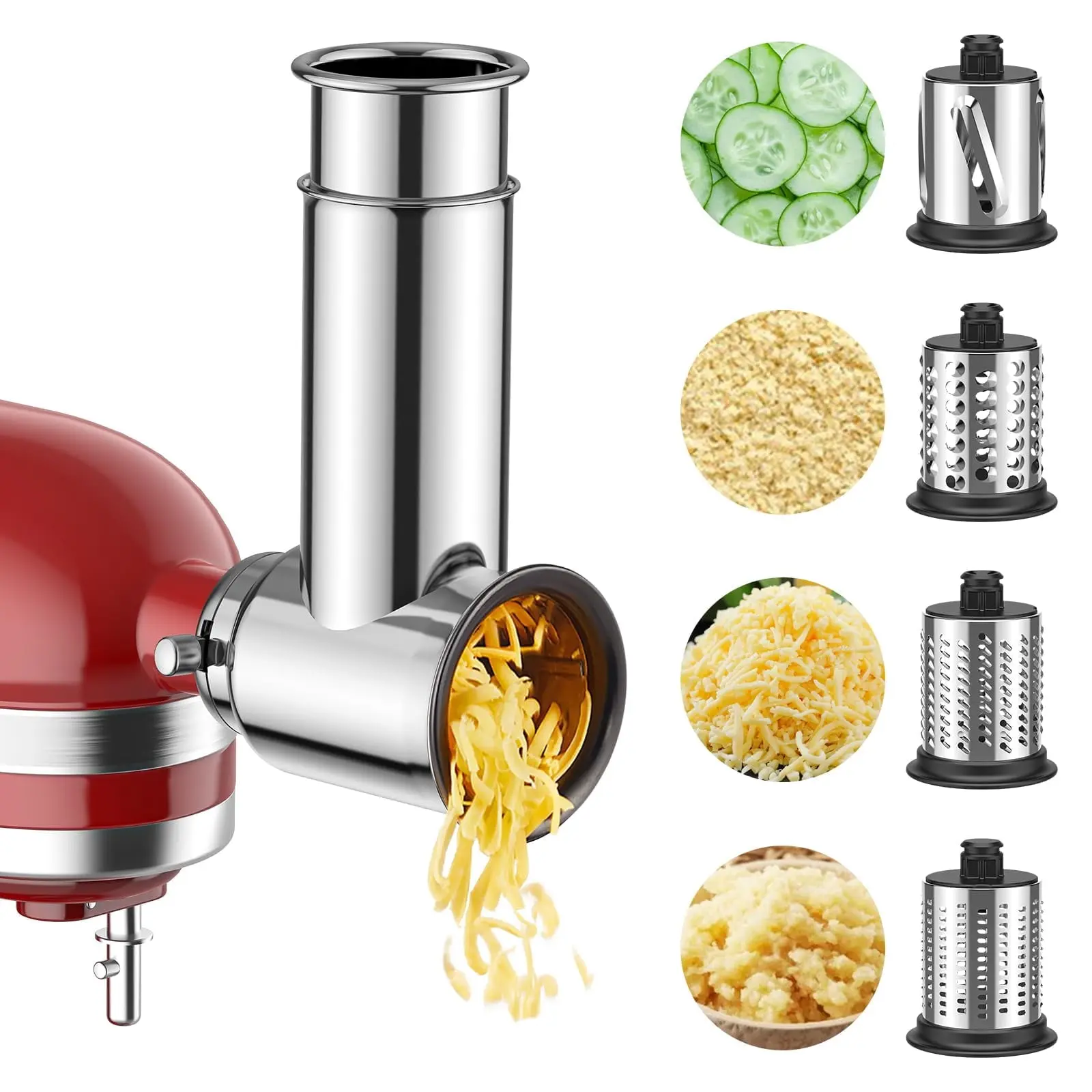 GVODE Stainless Steel Slicer Shredder Attachment for KitchenAid Mixers, Dishwasher Safe Cheese Grater Attachment, 4 Blades
