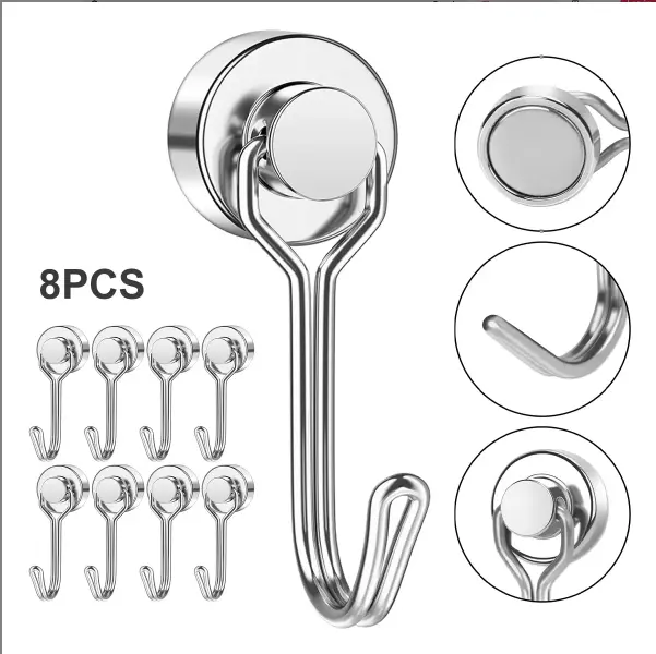 8-Pack Heavy-Duty Metal Neodymium Magnetic Hooks, 30LB Strong Adjustable 360° Rotating Swivel with Smooth Movement, for Refrigerators, Kitchen & Garage Storage Organiser (Tools & Hardware Fasteners)