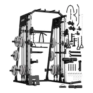 Smith Machine Home Gym All in One, 2200LBS Squat Rack Power Cage with Smith Bar, LAT Pull-Down, Cable Systems, Leg Hold-Down and More Attachments, Workout Equipment (Red Black) Strength Training Accessory