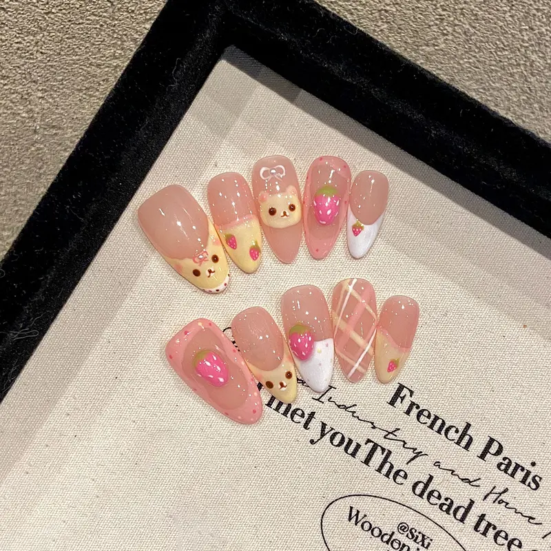 Press On Nails Manicure Kit - Strawberry Bear Almond Shape, 10 Pieces Easy-Apply Summer Temperament Nails Press On