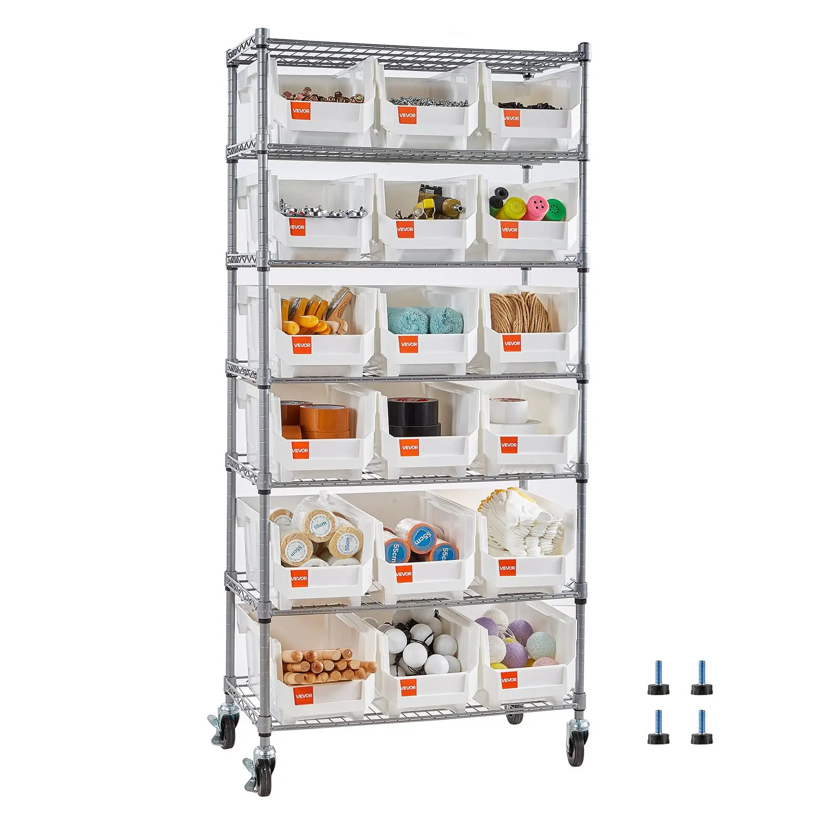 【Summerfinds】VEVOR Adjustable 7-Tier Modular Expandable Corrosion-Resistant Steel Wire Utility Shelf, 18 Organizer Bins, Rubber Wheels, Bracket Mount, Above 25 kg Capacity, Mobile Storage Holder for Garage Organization, Father's Day Gift