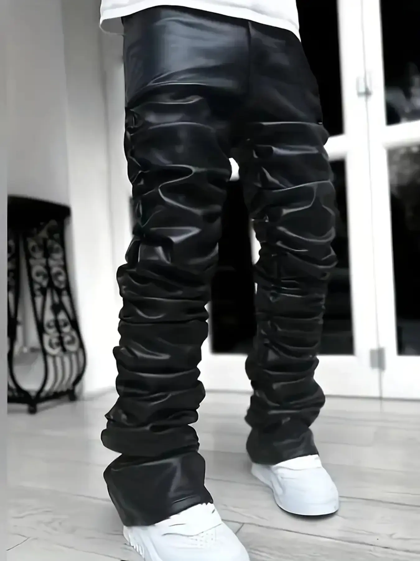 Men's Street Style Trendy Dark Pleated Long Leather Pants, High-End PU Leather Stackable Pants, Cool for Music Festivals