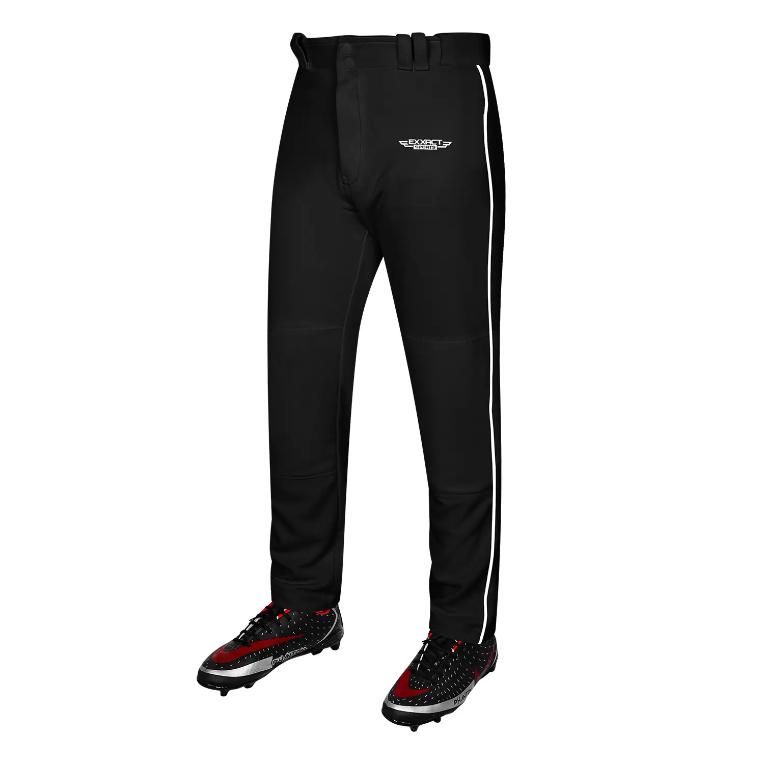 Exxact Sports Men's Piped Baseball Pants, Open-Bottom Full-Length with Semi-Relaxed Fit, Rip-Resistant Moisture-Wicking Polyester Fabric, Quick Dry, Baseball & Softball, Lightweight, Softball Pants, Male, All Seasons, Belt, Piped Edges, 100% Double-Knit P