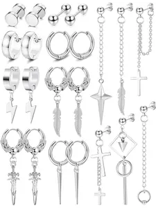 Men's Stainless Steel Hinged Hoop Earrings, 22-Piece Dangle & Long Chain Design, Casual All-Season Jewelry for Stylish Looks, Hoop Earring Sets