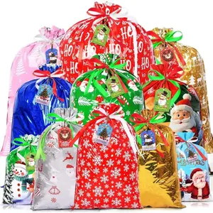 16pcs Christmas Drawstring Gift Bags with Tags 5 Assorted Sizes Xmas Wrapping Bags Extra Large Medium Small Bulk for Party Decorations Personalised Gift Sacks Large Size