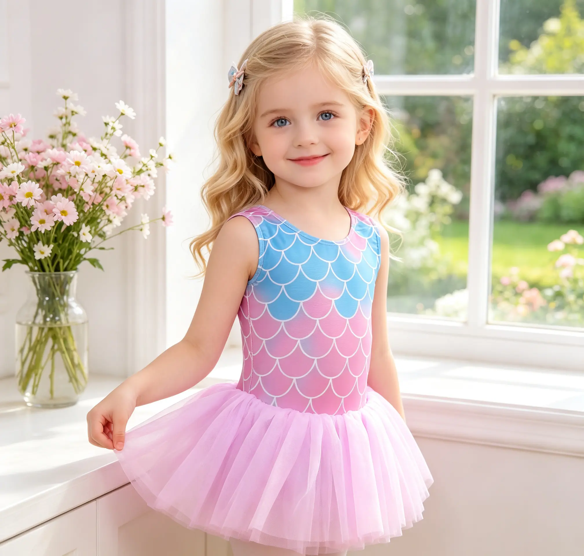 Girls' Mermaid Scale Sleeveless Slim Fit Ballet Leotard Tutu Dress, Pink Tulle Dance Clothing for Toddler Recital, Slim Fit Outfit