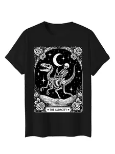 The Audacity Skeleton Riding Dinosaur Tarot Graphic Skull Fitted Long T-Shirt | Gothic Dark Occult Casual Fashion Tee | Black Edgy Mystical Style Top for Gothic Enthusiasts
