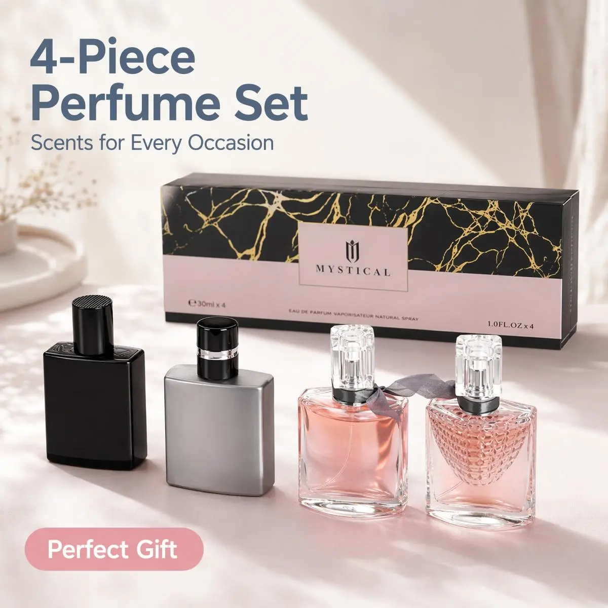 4Pcs Mini Perfume Set for Women Men, 30ml Long Lasting Eau de Parfum Natural Spray Fragrance Gift Kit, Black Silver Woody Scent & Floral Fruity Sweet Perfume Travel Size Cologne Collection, Birthday Valentine Gift for Her Him, Perfume Set