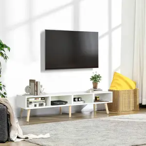 VOWNER Modern TV Stand Furniture, 32-65 Inch TV Cabinet with 4 Open Compartments, Media Holes & 6 Solid Wood Legs, 150×31×35 cm Entertainment Center Media Console