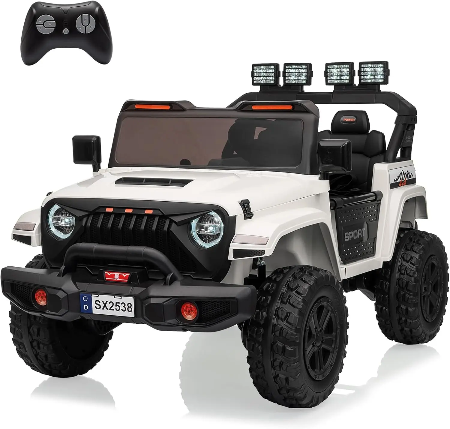 24V 4WD Power Kids Electric Ride-On Car - 2-Seater, 20.5in Size, 5.9in Adjustable Legroom, 13in Anti-Slip Tires, LED Lights, Music, Realistic Engine Sounds, Retractable Chair, Parental Control Remote, Stable, Front Toy Storage, Ages 3-8, White, Unisex, Ev