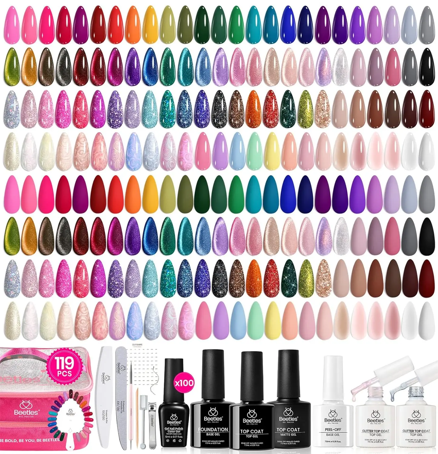 Beetles Gel Nail Polish Set, 100 Colors 5ML All Season Red Brown Green Black Gel Polish with Base Top Coat Soak off UV Gel for Manicure Lovers DIY at Home Gifts for Women