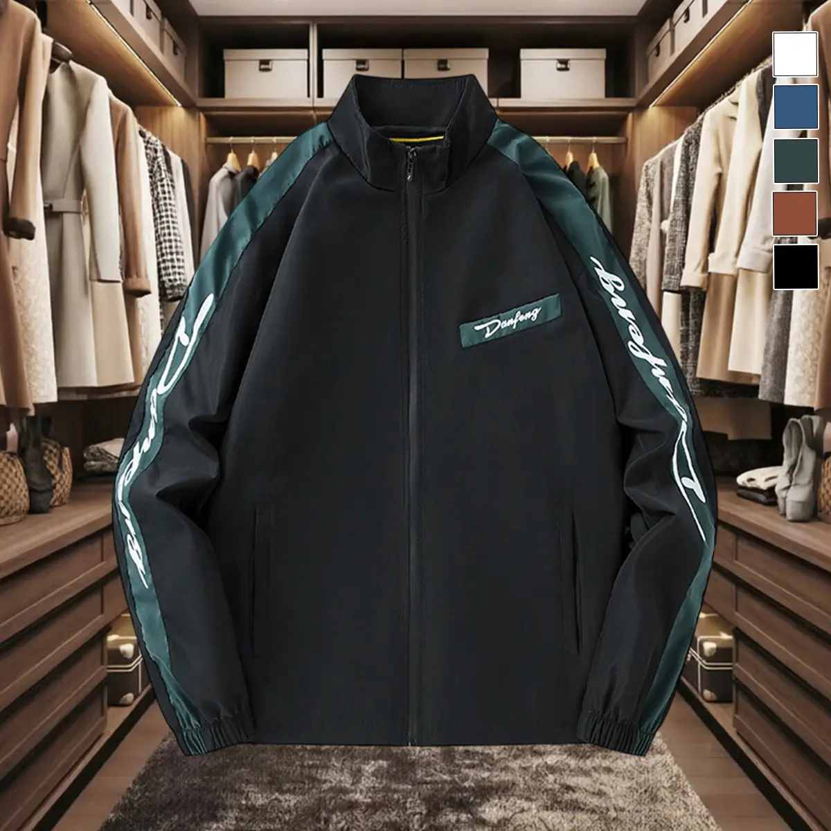Men's Polyester Outdoor Windbreaker - Menswear Tops Coats, Lightweight, Breathable, Wrinkle-Resistant, Stand Collar, Full-Zip, Long Sleeve, Green Contrasting Sleeves, Letter Print, Side Hand Pockets, Casual Outerwear for Young Energetic Men, Jackets, Long