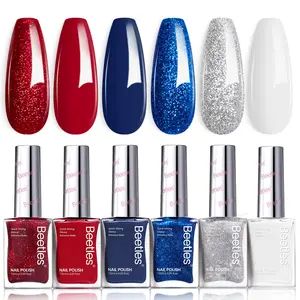 Beetles 4th of July Nail Polish - Starlight Stripes with Star Sticker, 6 Colors Red White and Blue Nail Polish Set Sparkle Glitter Fingernail, Quick Dry Long Lasting DIY Red White and Blue Nails Art