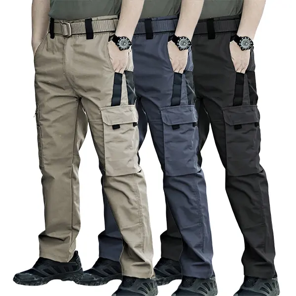 Men’s 3-Pack Tactical Cargo Trousers, Menswear with Webbing Panels, Multiple Flap Pockets, Wear-Resistant Fabric, Straight-Leg Outdoor Pants (Black + Khaki + Dark Gray)