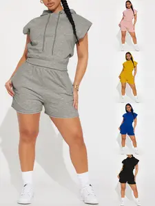 Women's Spring Summer Fashion Casual Basic Plain Hoodie Set Two-Piece, Adjustable, Drawstring Design, Elastic Waist, Short Sleeve, Regular Length, Suits