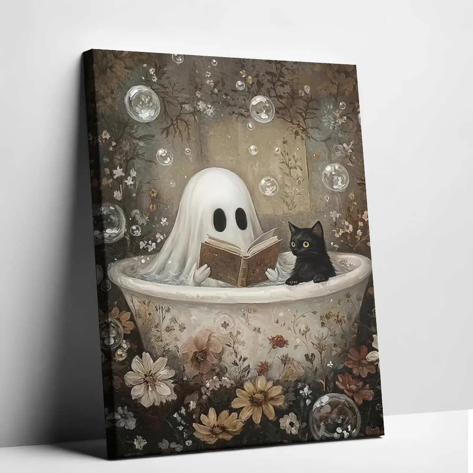Cozy Spooky Halloween Decor Canvas Painting Cute Ghost & Black Cat Floral Bathtub Wall Art for Bedroom Bathroom