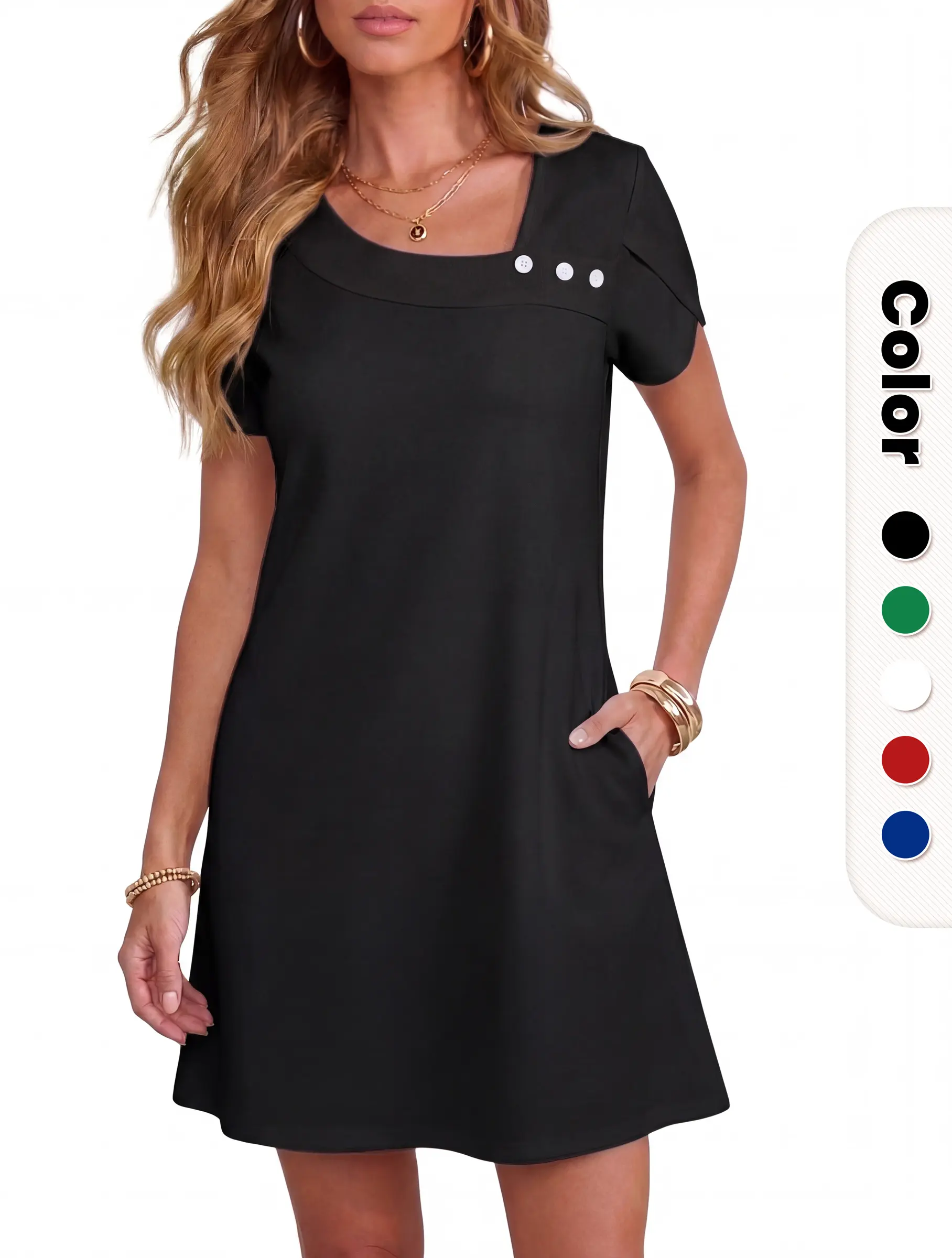 VAFFUL Women's Elegant Minimalist Short-Sleeve Shift Dress - Casual Summer Loose-Fit Mini Dress with Pockets for Office & Casual Wear, Women's Dresses