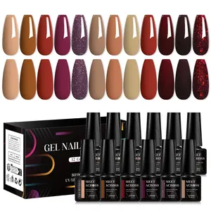 12PCS/SET Coffee Chocolate Color Nail Polish Set Brown Series Need Lamp Cure Semi Permanent UV Gel Autumn Winter Dark Soak Off Gel Manicure Nail Art Gel Varnish Kit