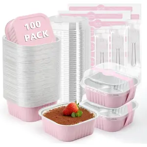 10oz 100 Pcs Square Mini Loaf Pans with Lids-Disposable Foil Dessert Containers,Mini Cake Pans with Lids,Aluminum Dessert Cups for Parties and Weddings (Pink, 10oz)