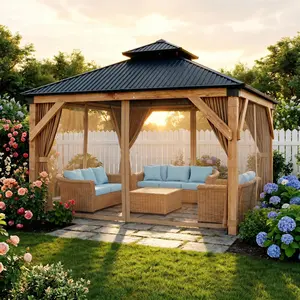 YJ-Garvee Hardtop Gazebo 10x12 roof ft Wooden Pergola with Sturdy Spruce Frame, Double Galvanized Steel Roof, Netting & Curtains, Weather-Resistant Outdoor Patio Pergola for Garden, Deck, Lawn, Parties